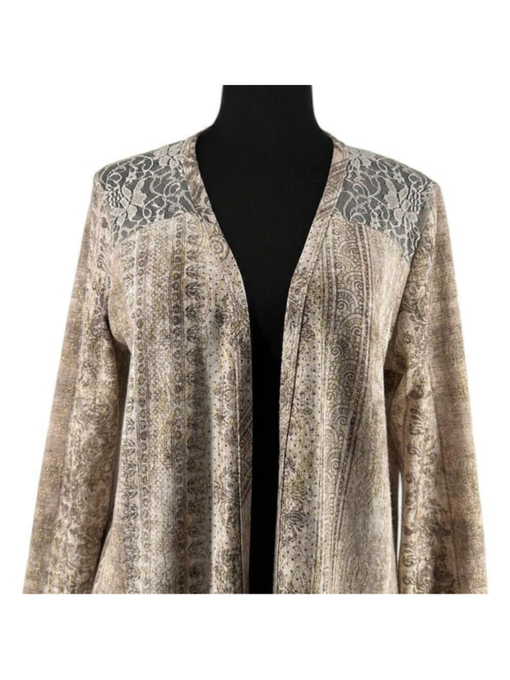 Joseph Ribkoff cardigan taupe gold lace open front pattern stretch unique sz 8 - Picture 6 of 11